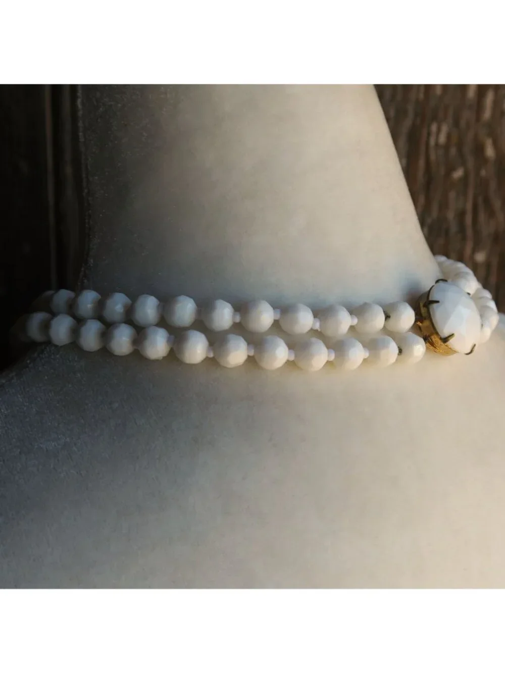 Vintage West Germany White Bead Necklace, Double Strand, 15", Faceted Detail - Picture 4 of 6